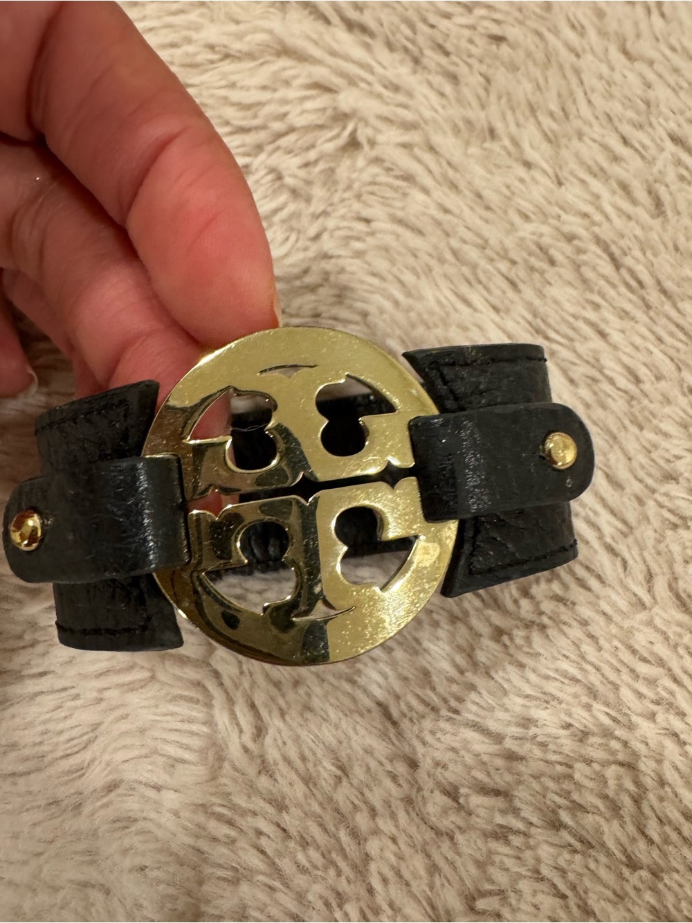 Tory Burch Black Leather Bracelet with Gold Logo Medallion - Picture 2 of 3